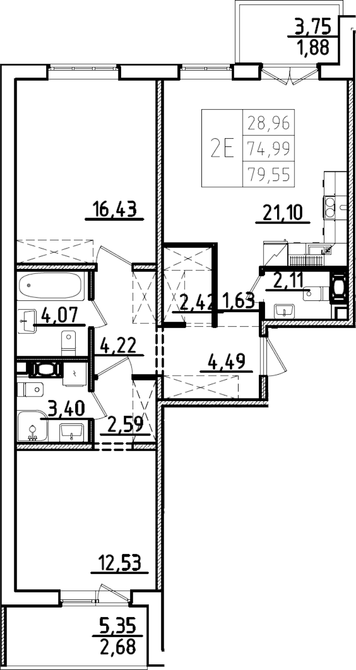 2-комнатная квартира 79.55 м², 7/9 эт., ЖК «IQ Гатчина 3»